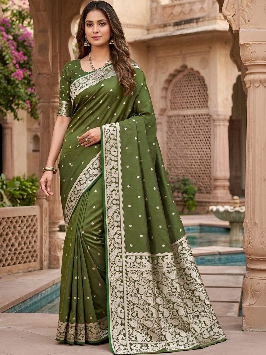 Olive Green & Silver-Toned Banarasi Silk Blend Saree