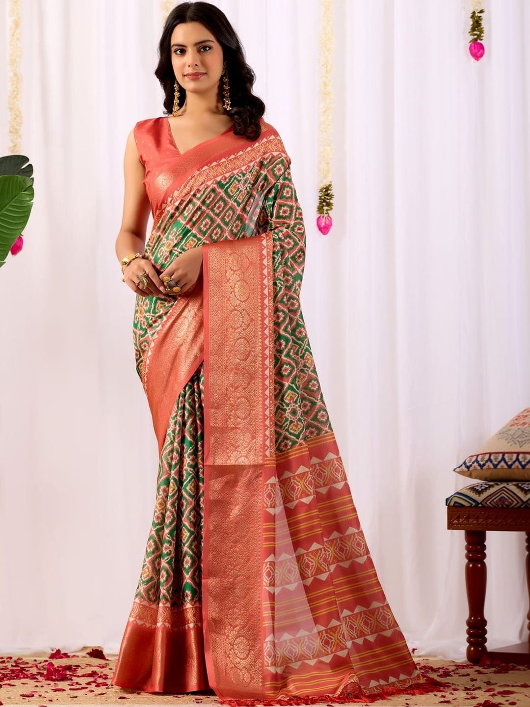 Multicoloured Geometric woven design saree with woven design border