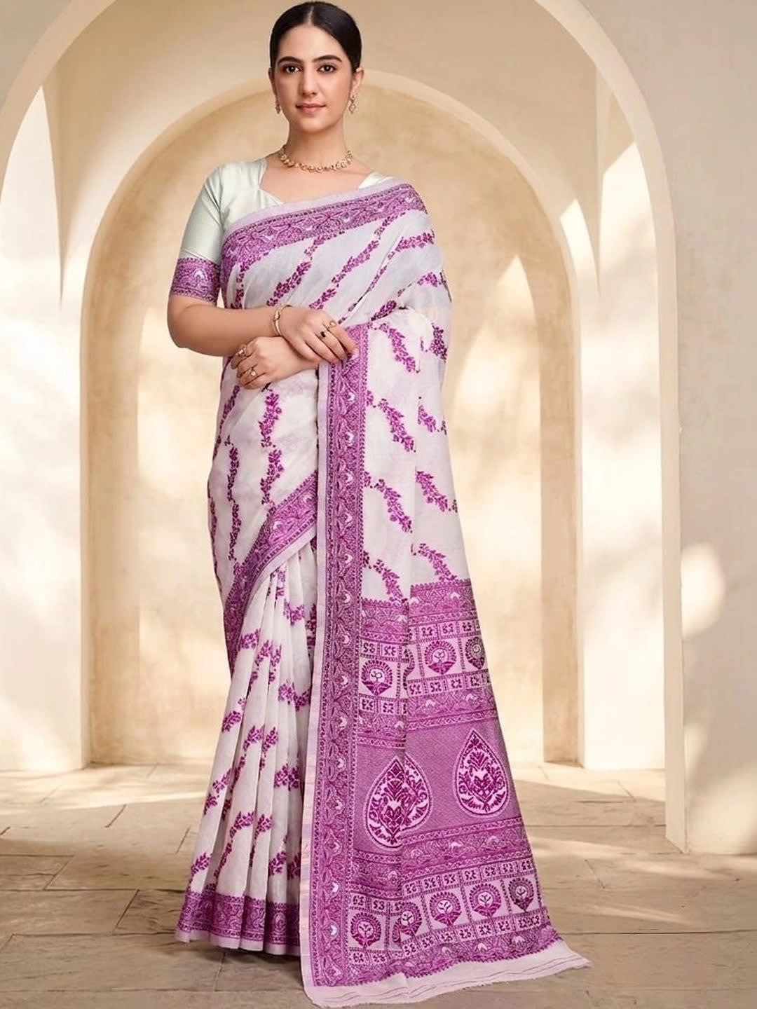 Off White Bhagalpuri Cotton Slub Saree with Floral Woven Border