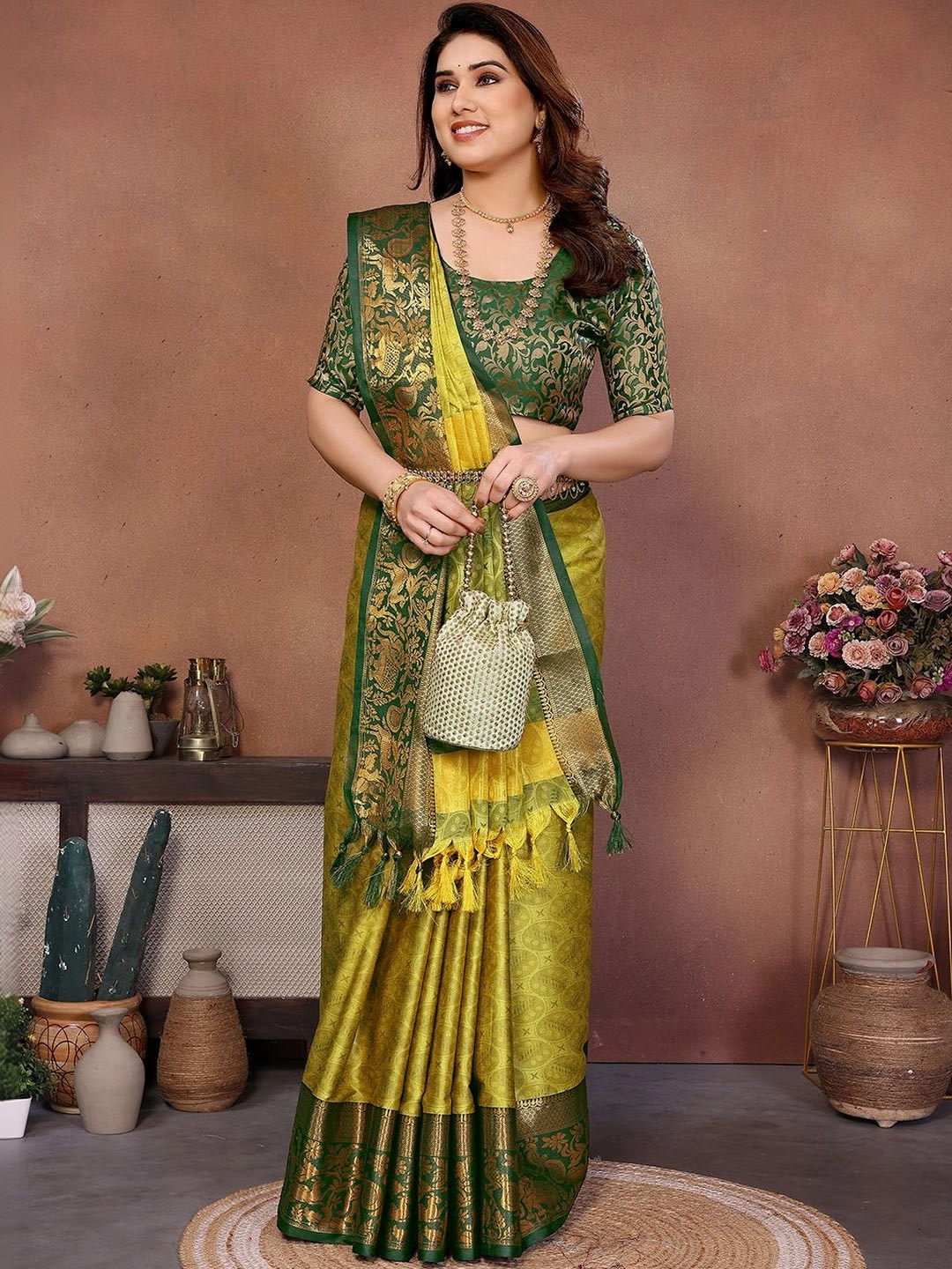 Lime Green Woven Design saree with Woven Design Border