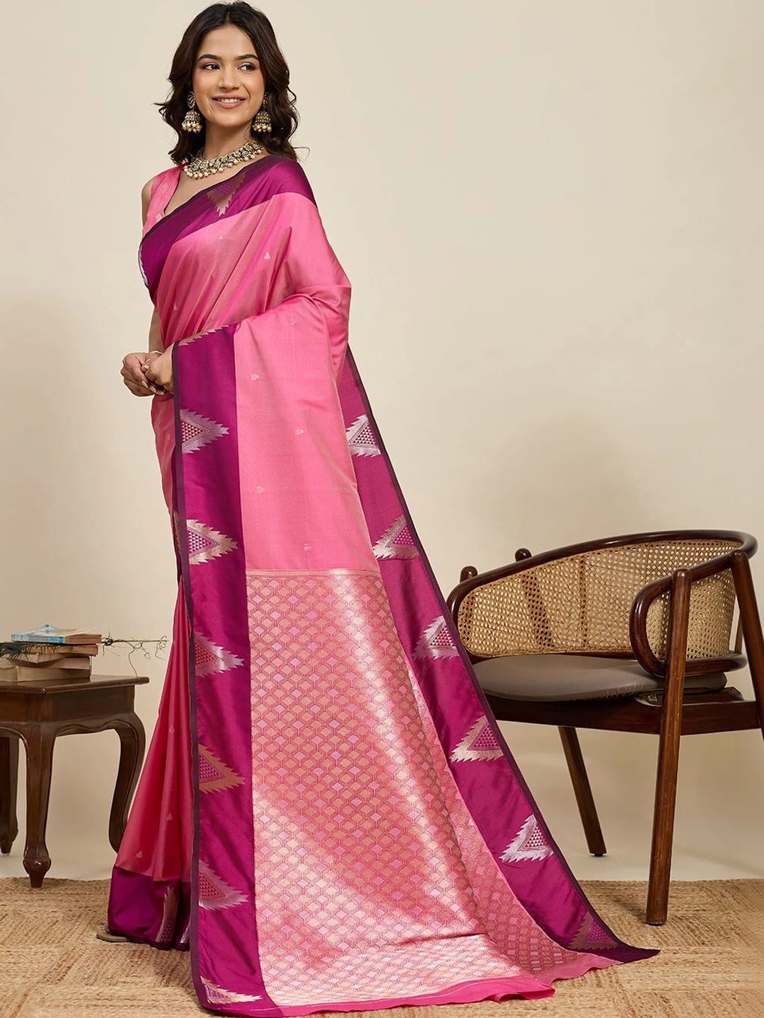 Pink Bandhani Woven Saree with Zari & Contrast Border
