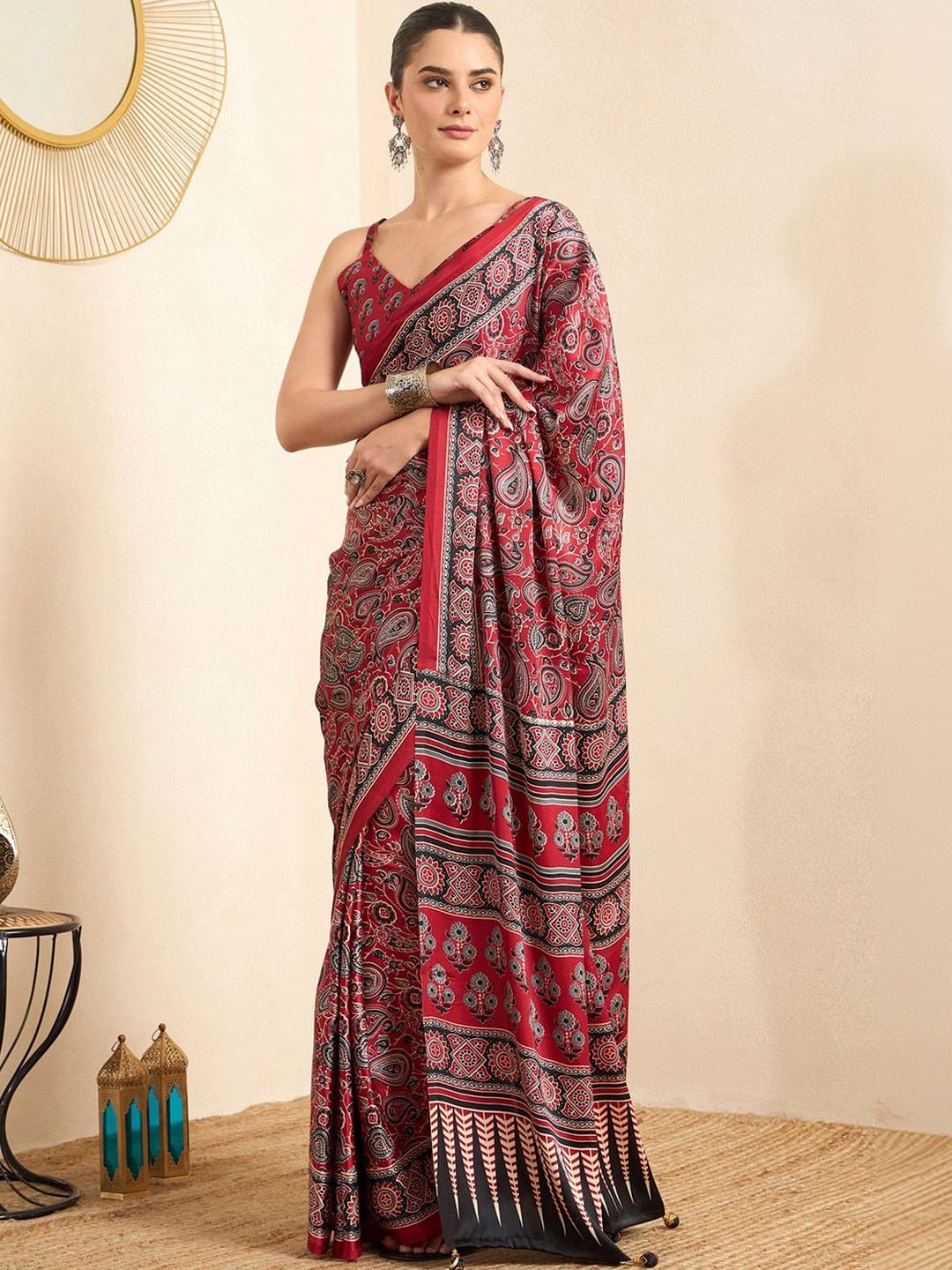 Red Block Print saree with Printed Border