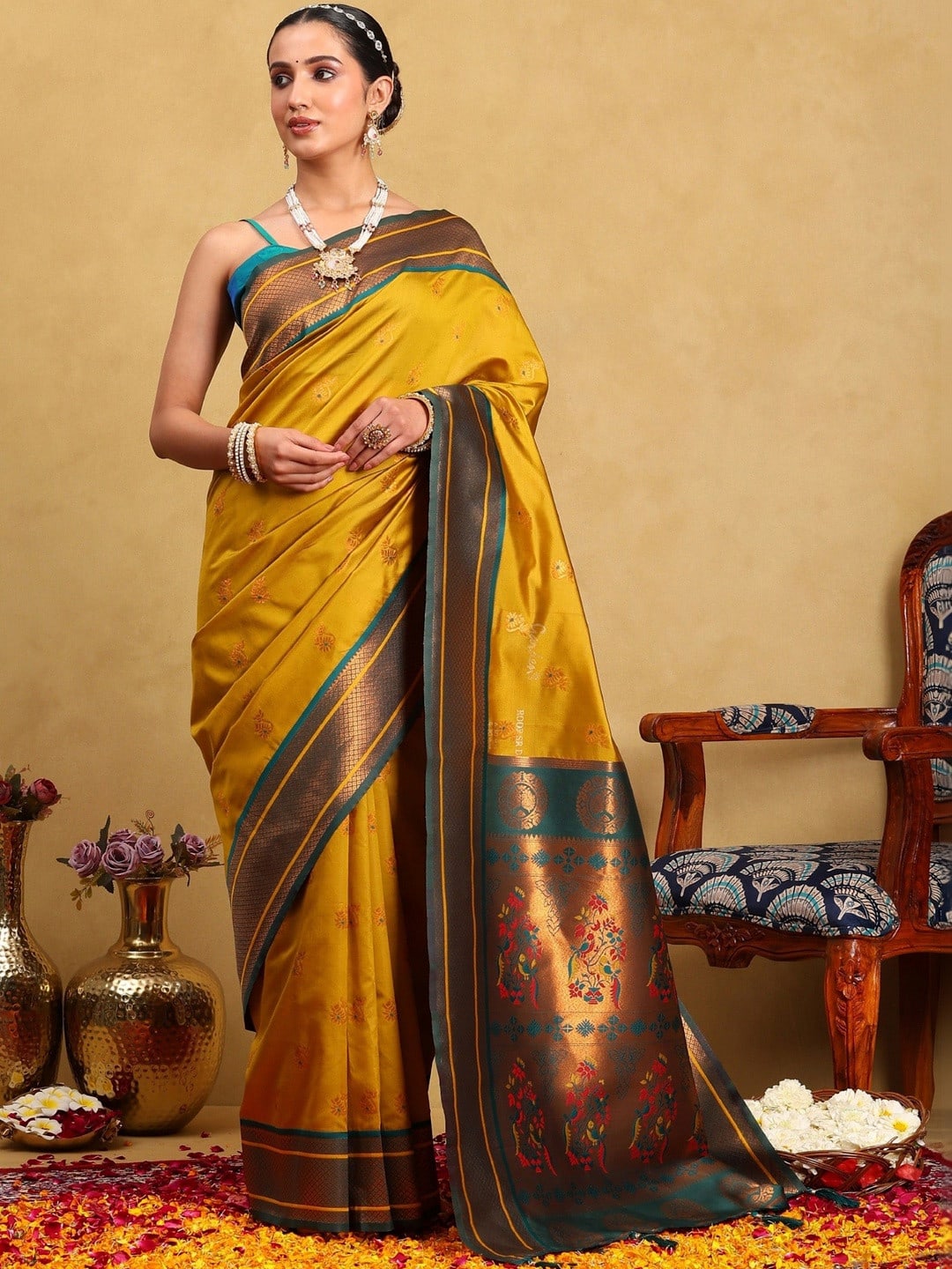 Mustard Paithani Ethnic Motifs Woven Design saree with Zari Border