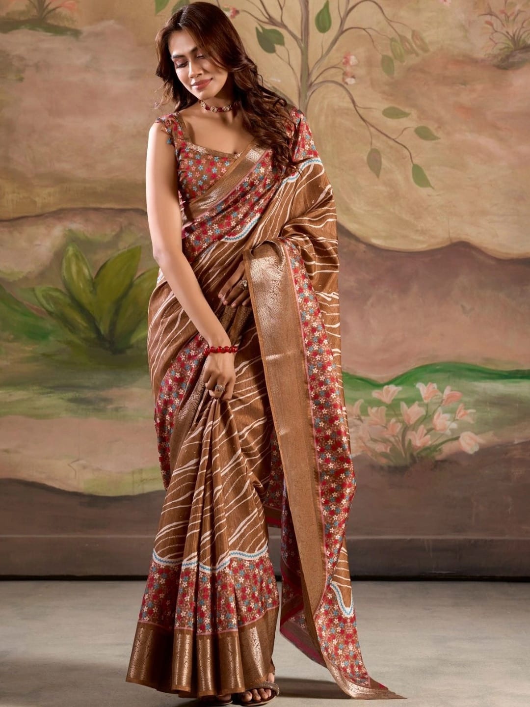 Brown Jamdani Striped Print Saree with Zari Woven Border