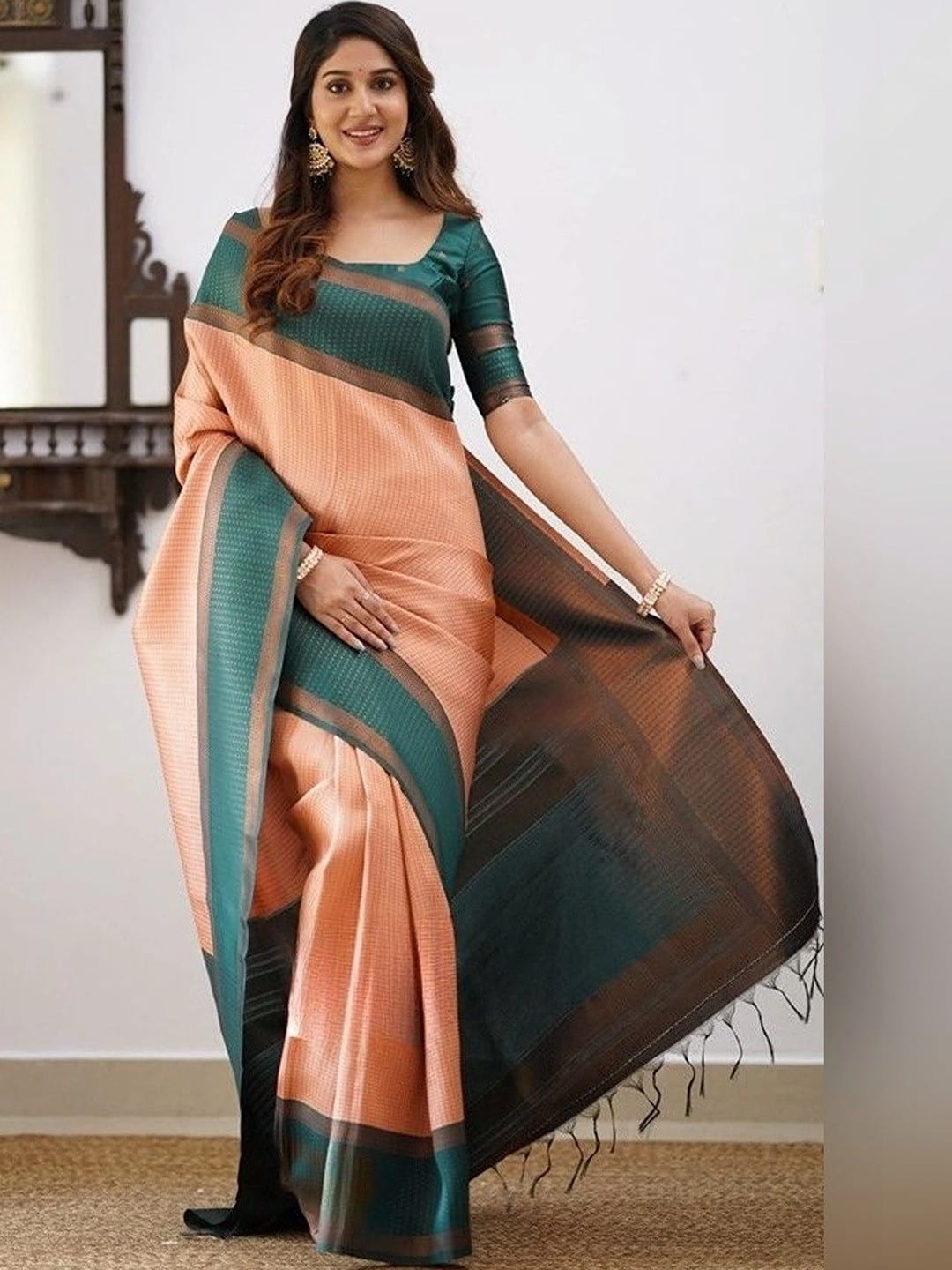 Peach Banarasi Woven Checked Saree with Zari Border