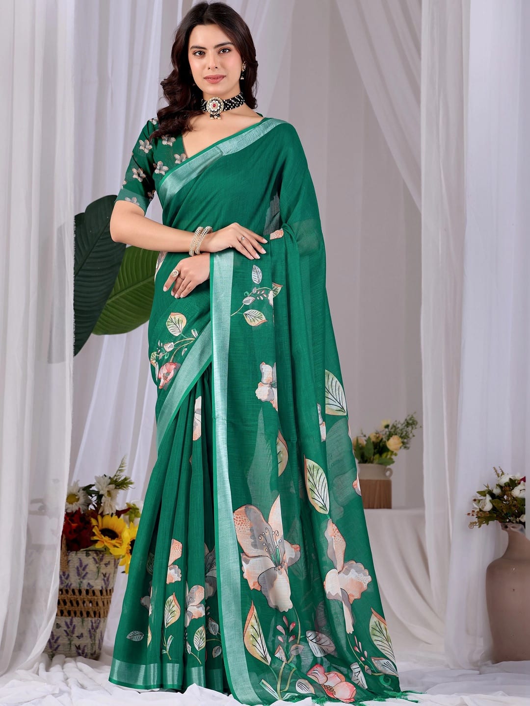 Green Floral Printed saree with Woven Design Border
