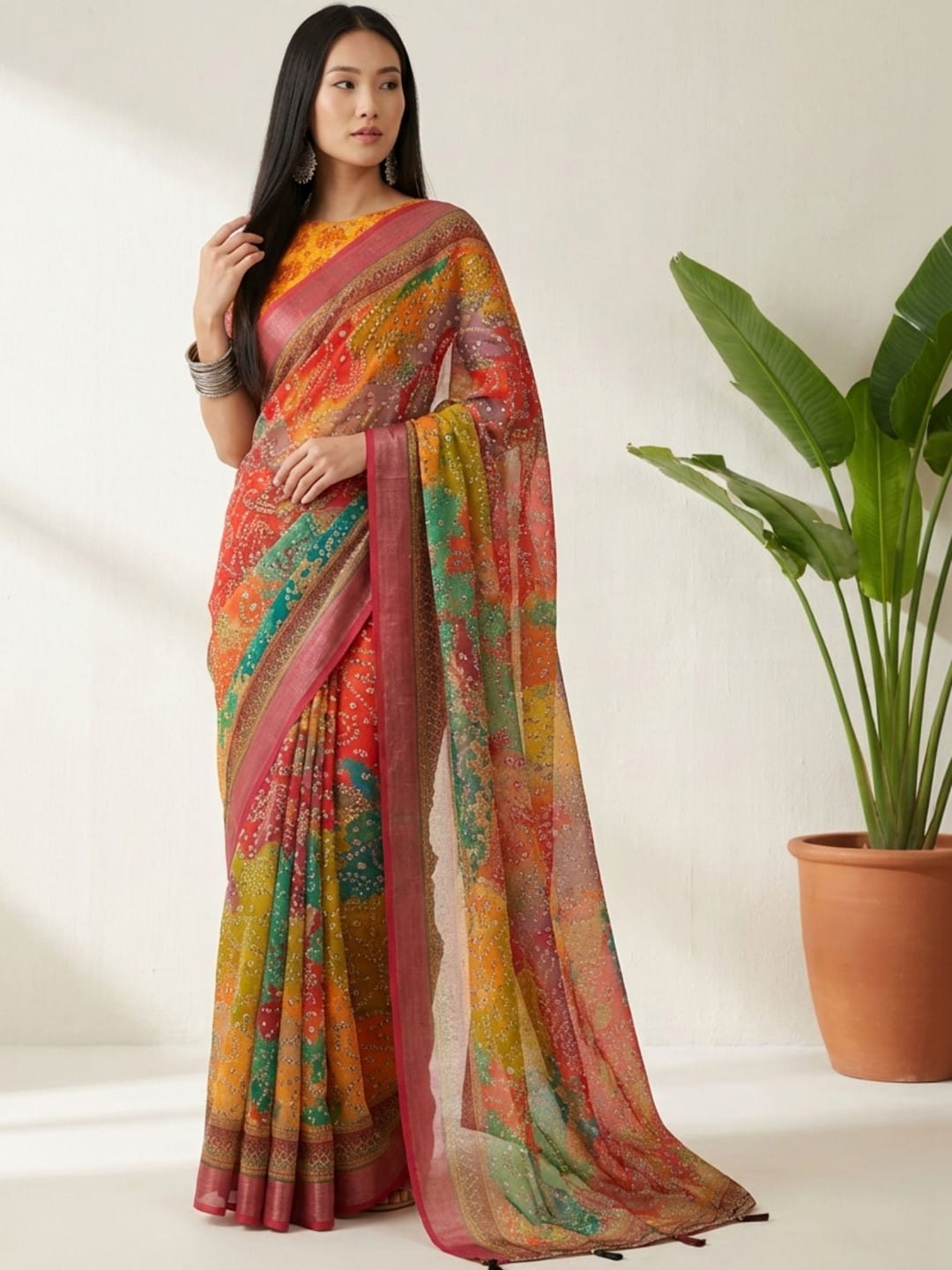 Multicoloured Floral Printed saree with Woven Design Border