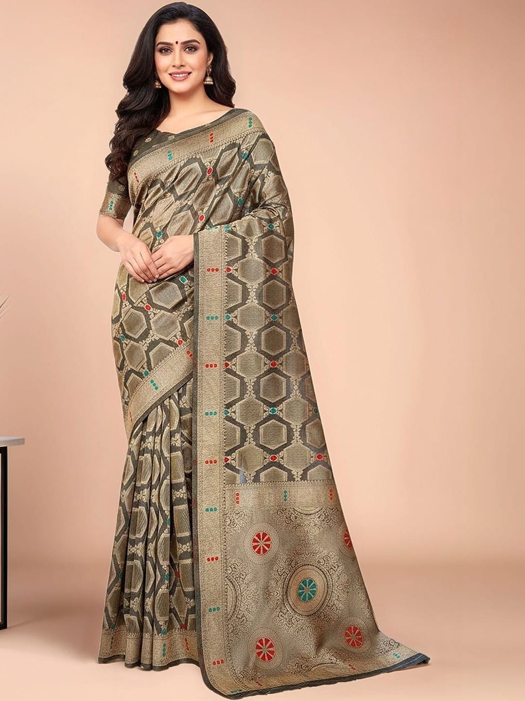 Olive green banarasi Geometric woven design saree with woven design border