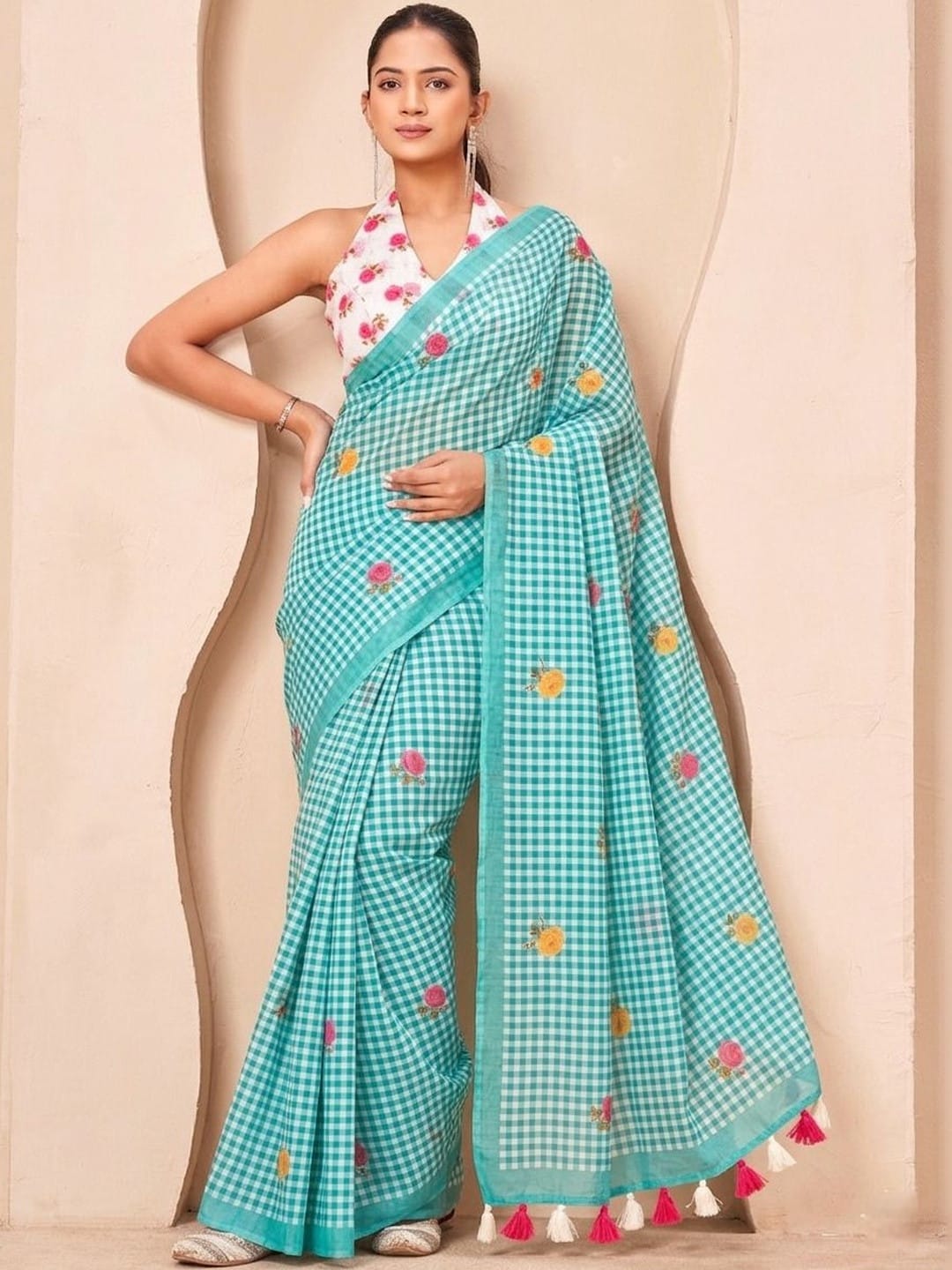 Turquoise Blue Checked saree with Woven Design border