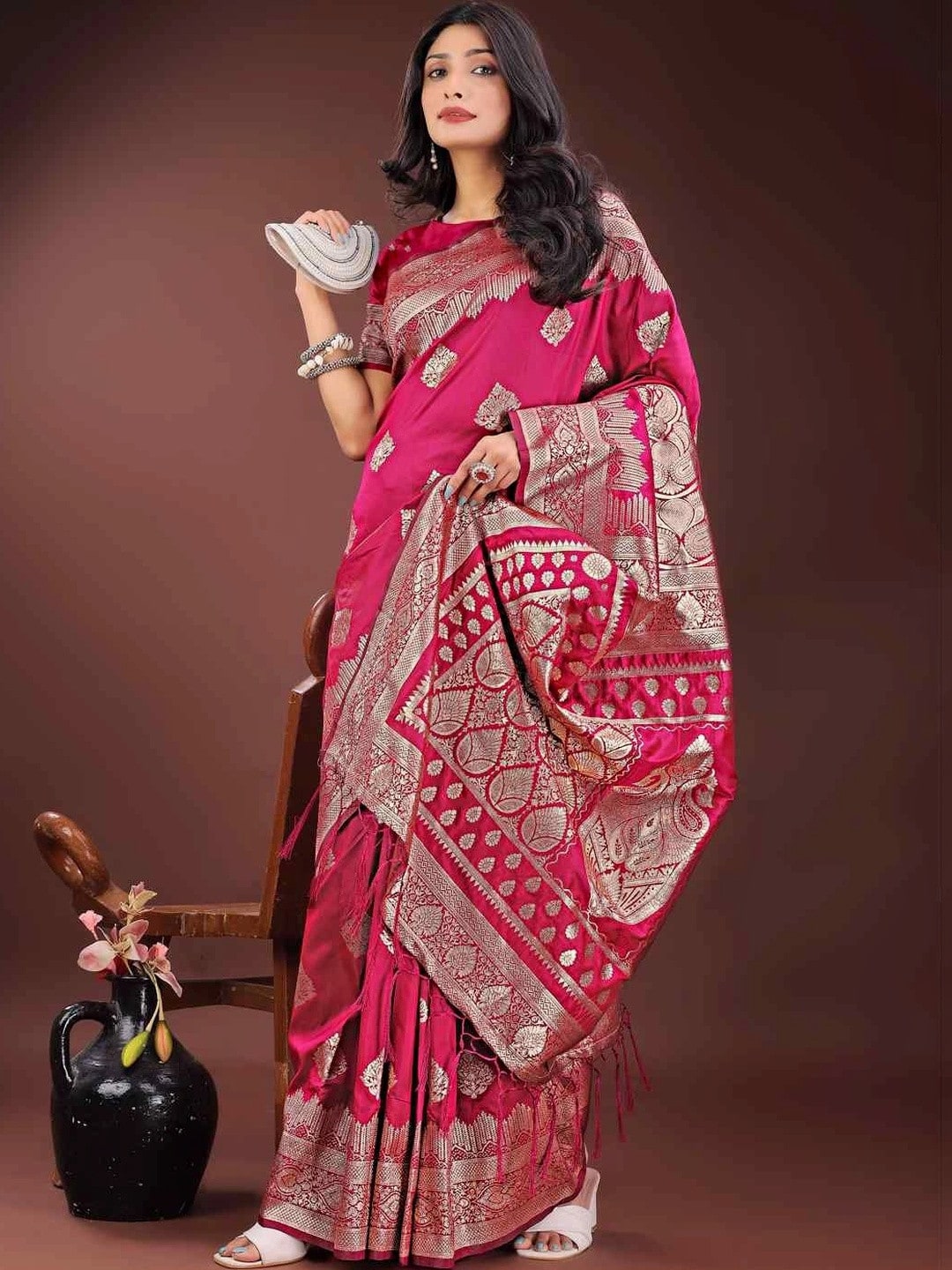 Pink Banarasi Woven Design Saree with Zari Border