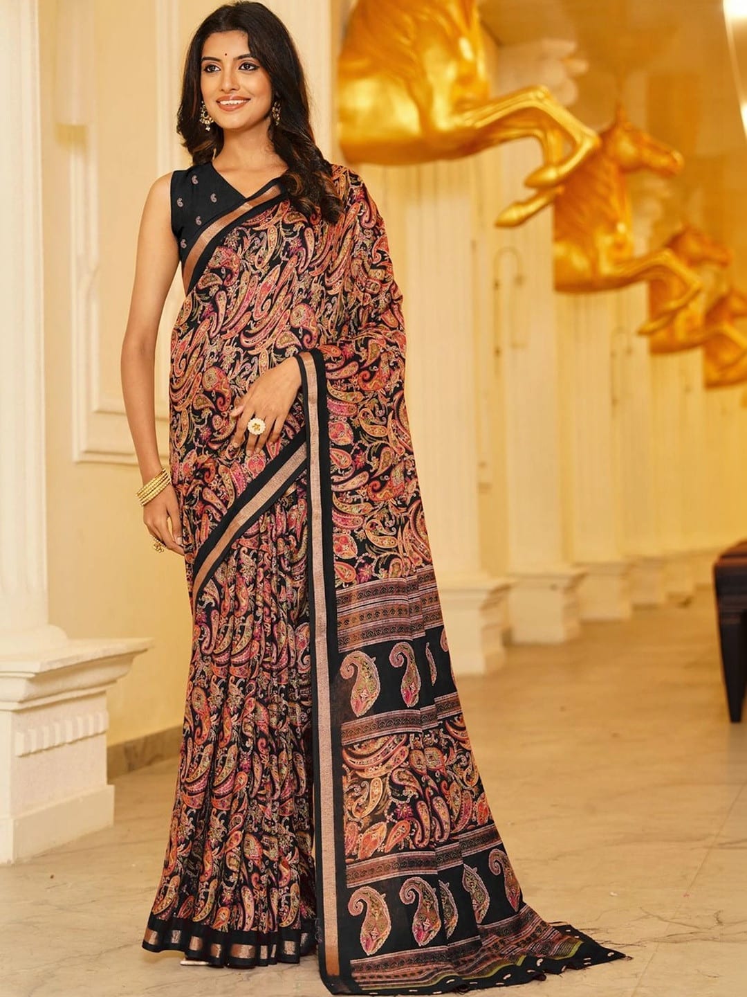Black Paisley Printed saree with Woven Design Border
