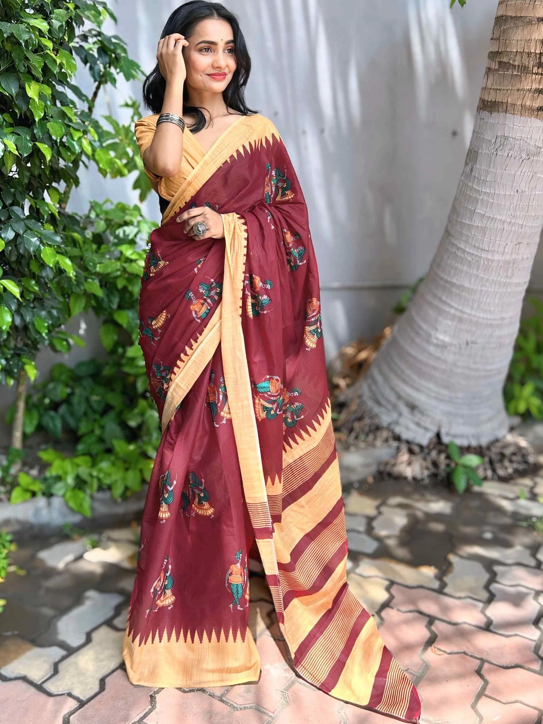 Maroon Block Print Saree with Floral Motifs & Woven Border