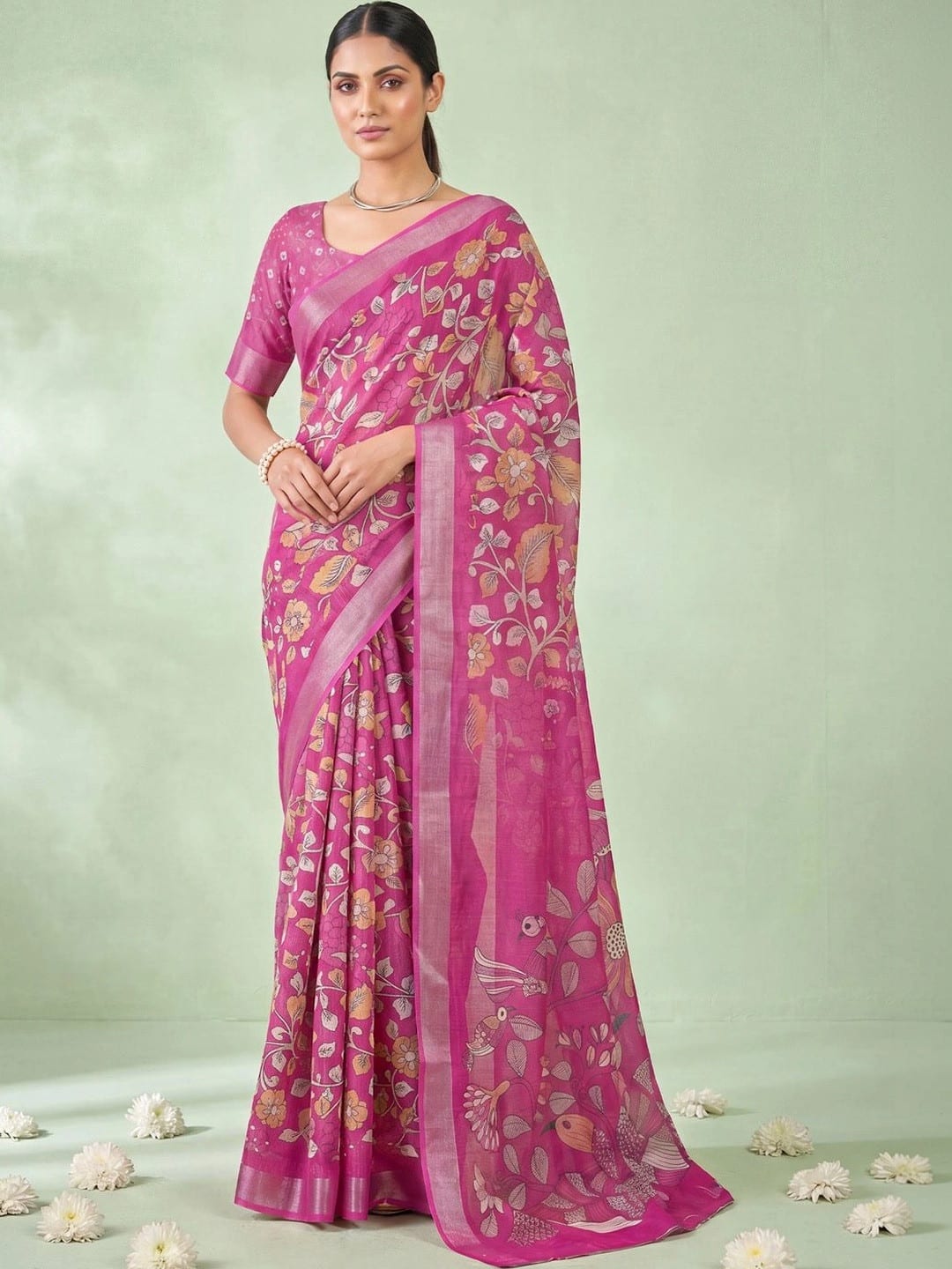 Pink Floral Printed saree with Woven Design Border