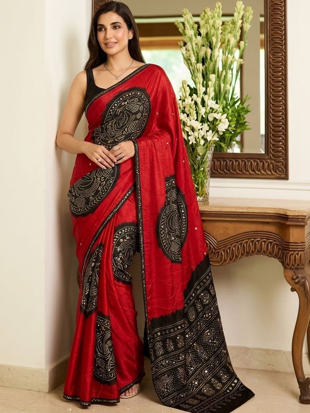 Ethnic Sequinned Heavy Work Block Print Saree