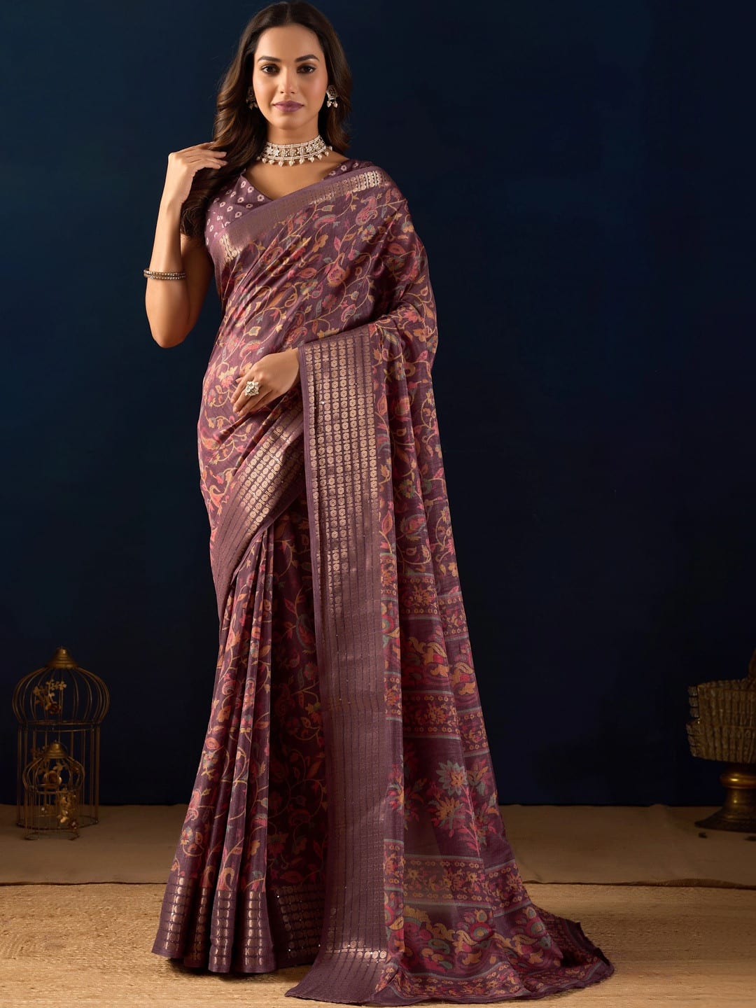 Purple and Multicoloured Floral Embellished saree with Woven Design Border