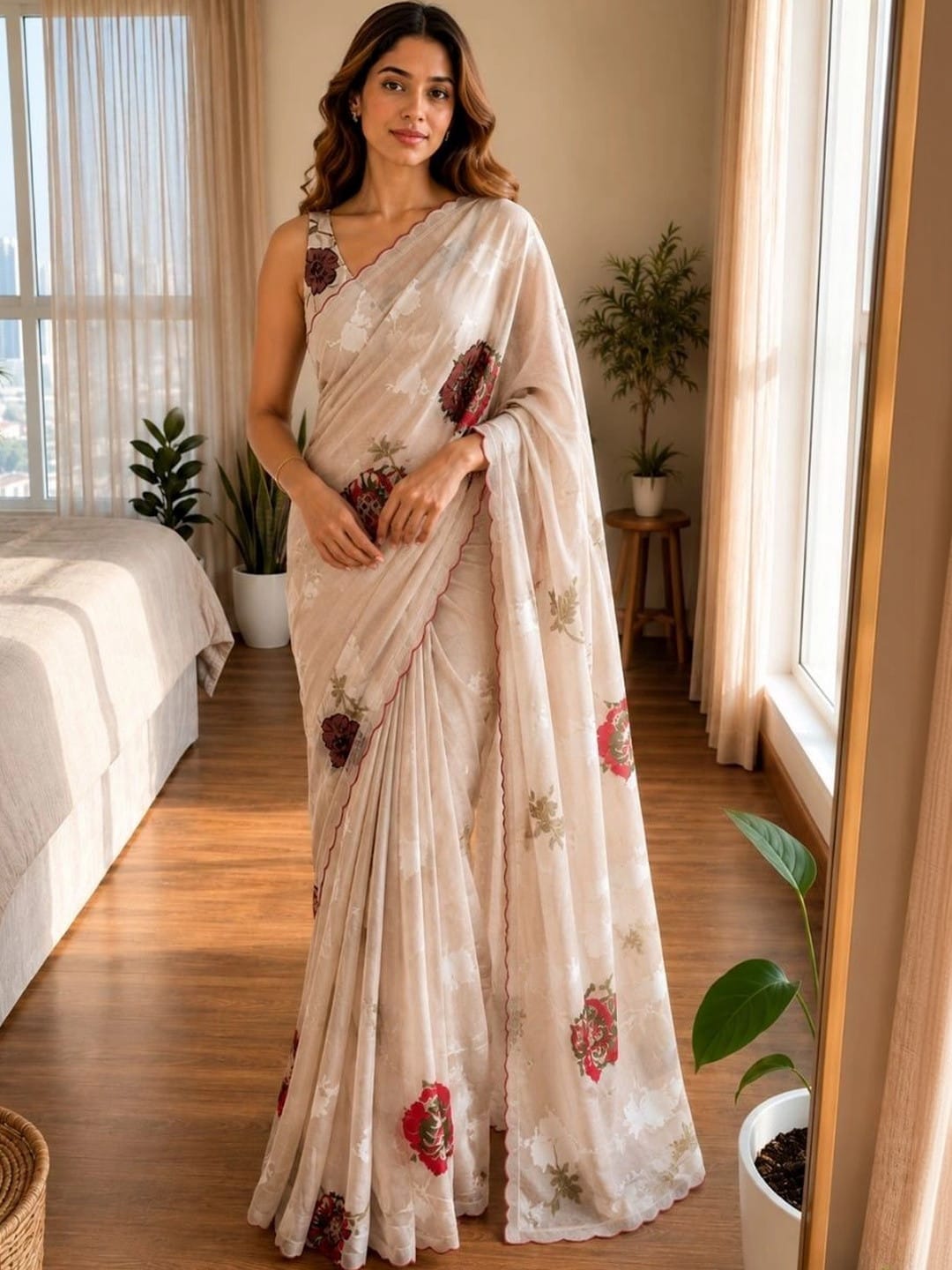 Beige Poly Crepe Saree