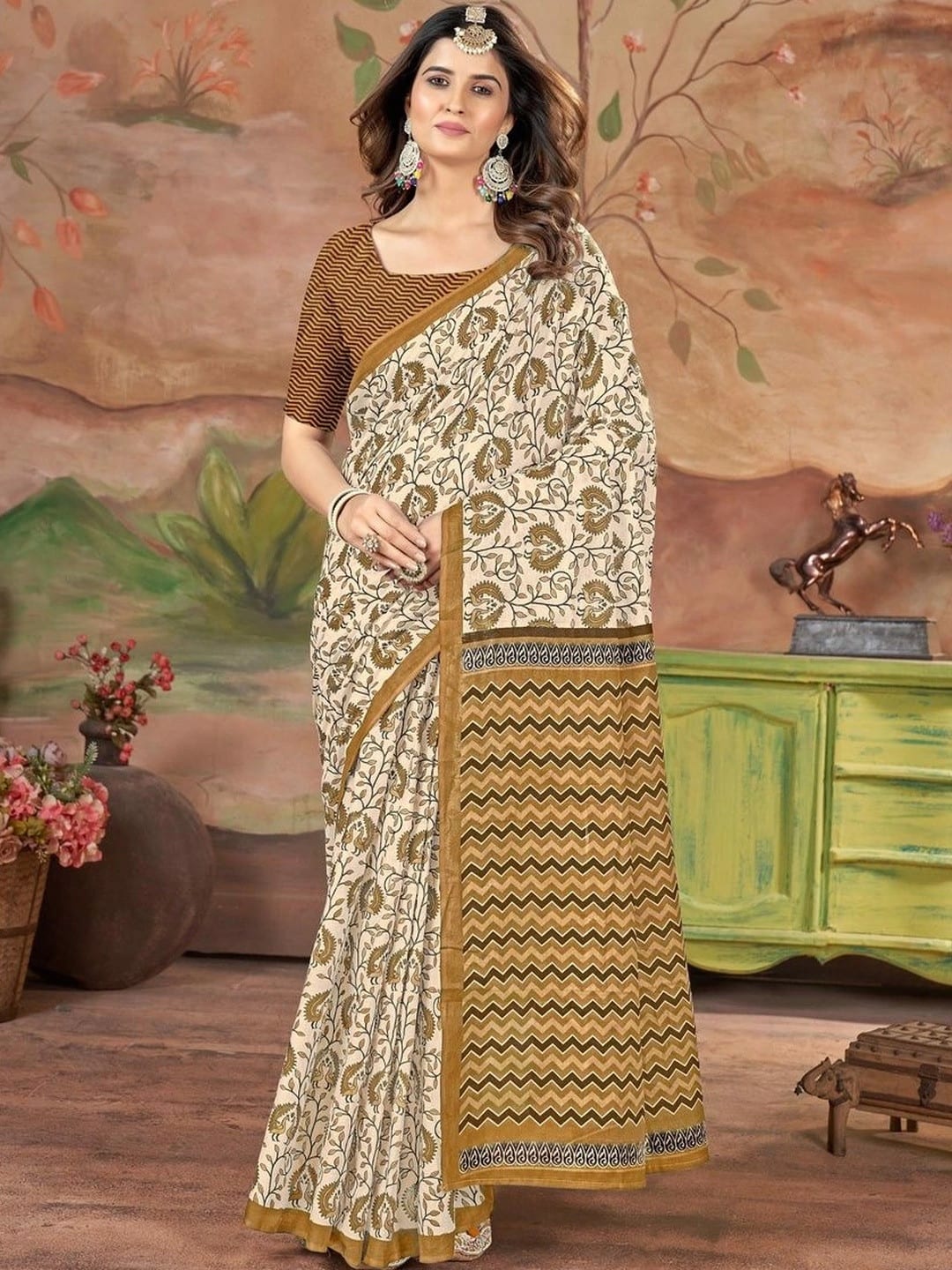 Off White Block Print Floral Saree with Woven Border