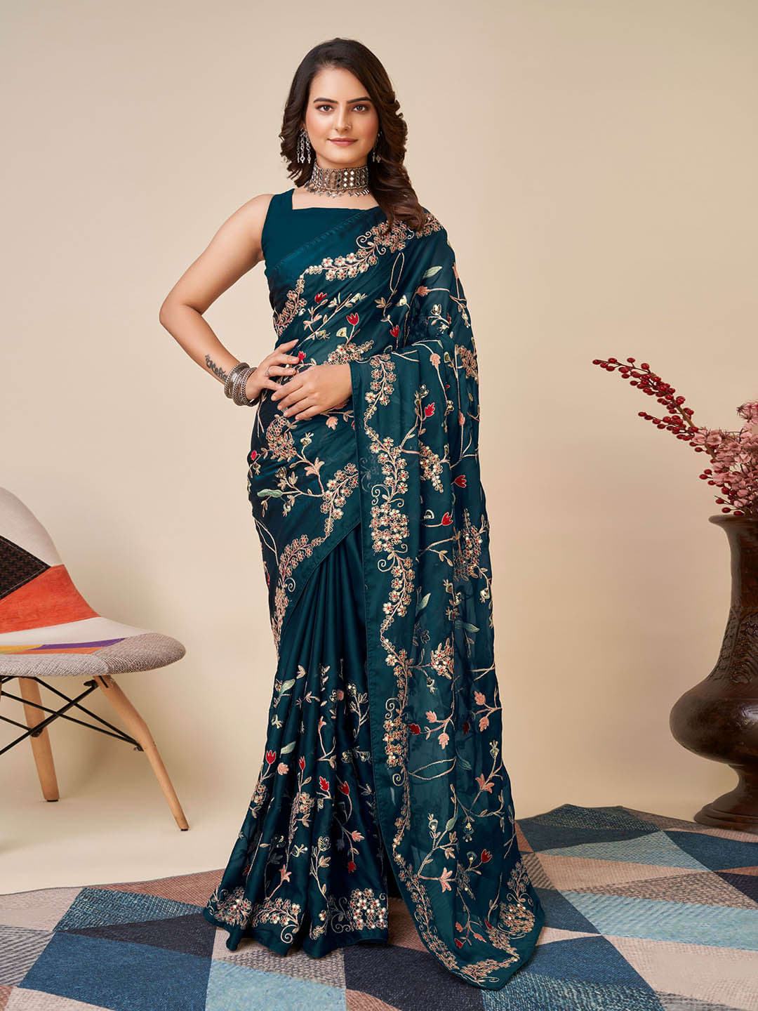 Teal and red Floral embroidered saree with embroidered border