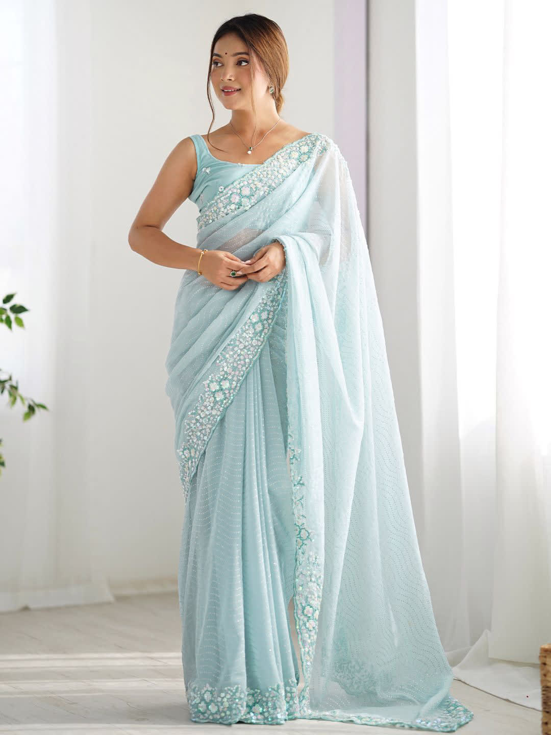 Blue and white Embellished Sequinned Saree