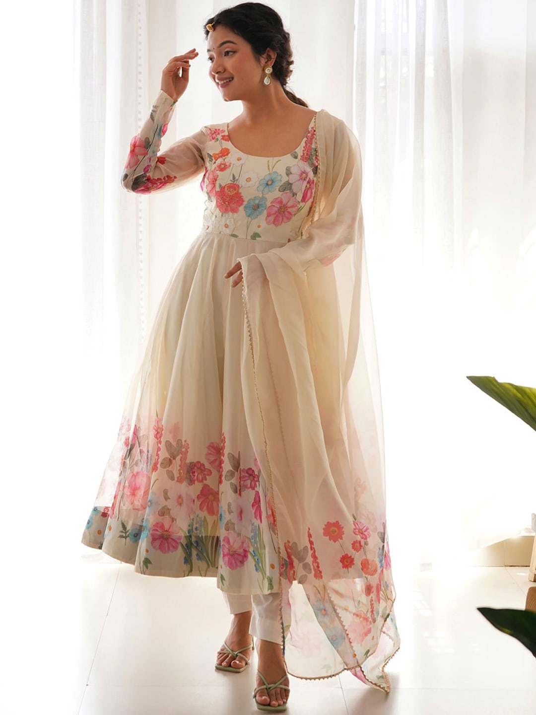 Multicolor Printed Organza Silk Anarkali Pant Dupatta Set