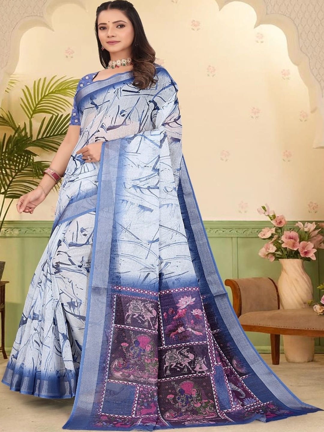Blue Kanjeevaram Abstract Print Saree with Woven Border