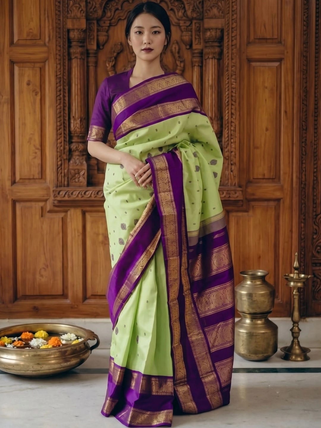 Lime Green Banarasi Woven Solid Saree with Zari Border