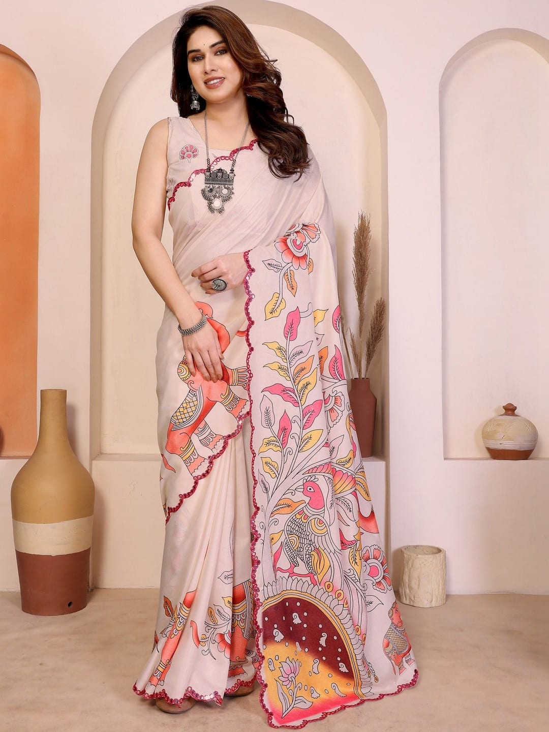 Cream coloured Kalamkari  digital print embellished border saree