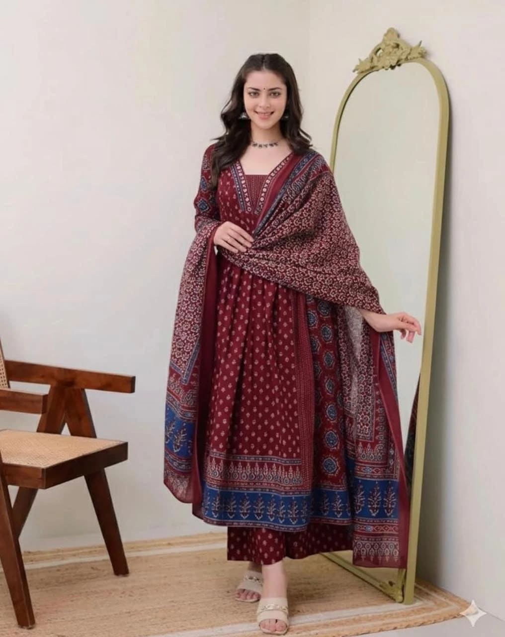 Maroon Embellished Rayon Anarkali Palazzo Set