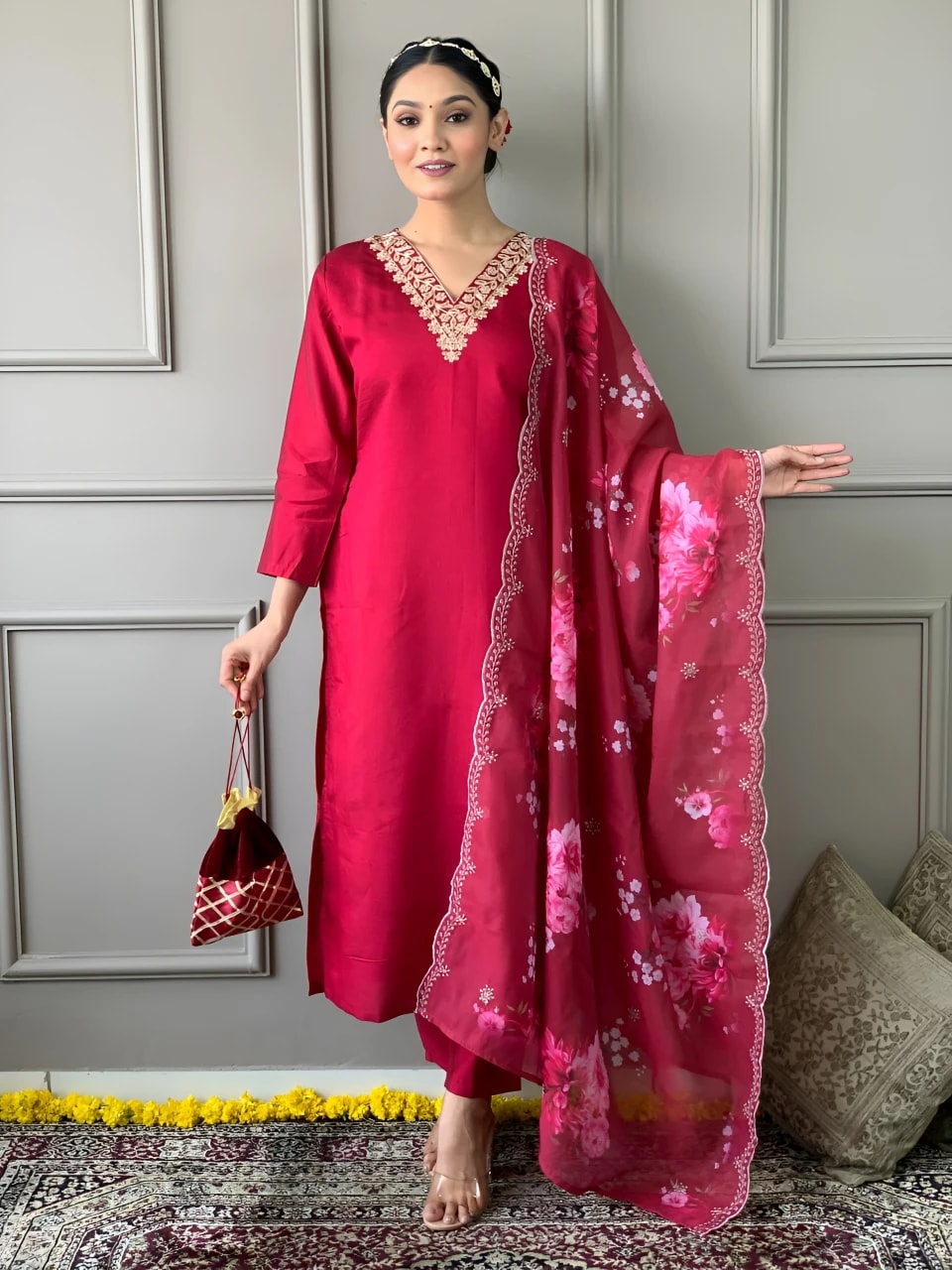 Pink Floral Embroidered A-line Kurti Set