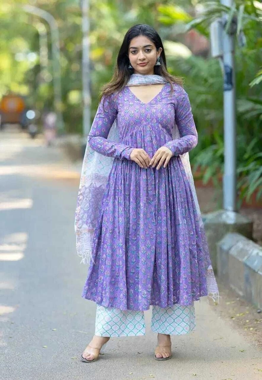 Purple Floral Rayon Anarkali Palazzo Set