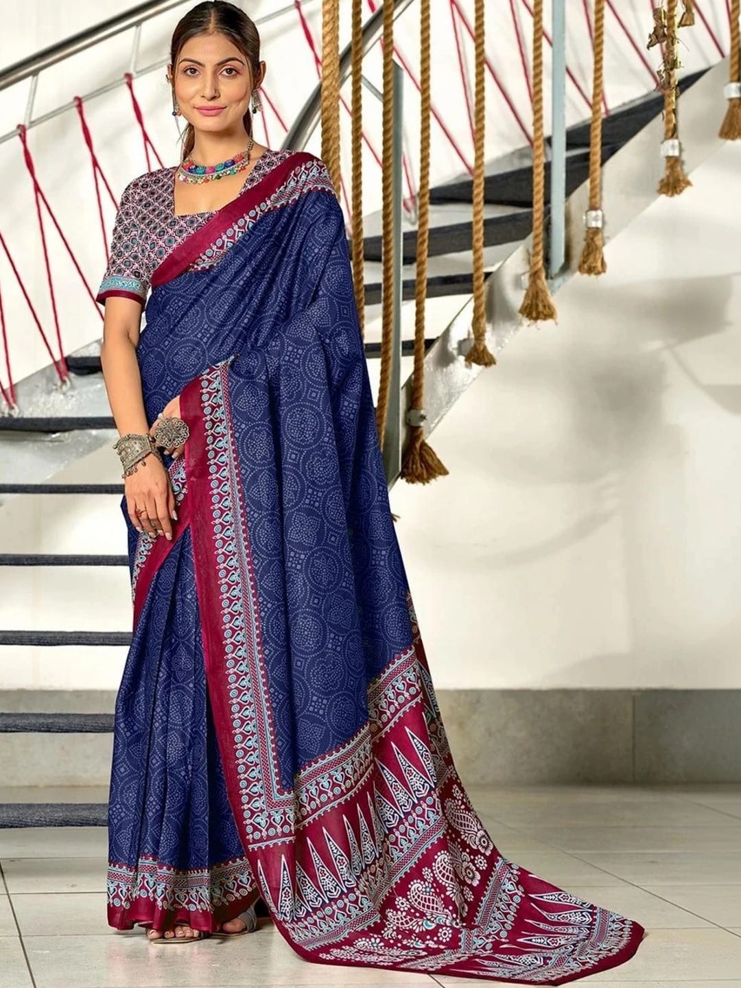 Navy Blue Saree with Printed Border