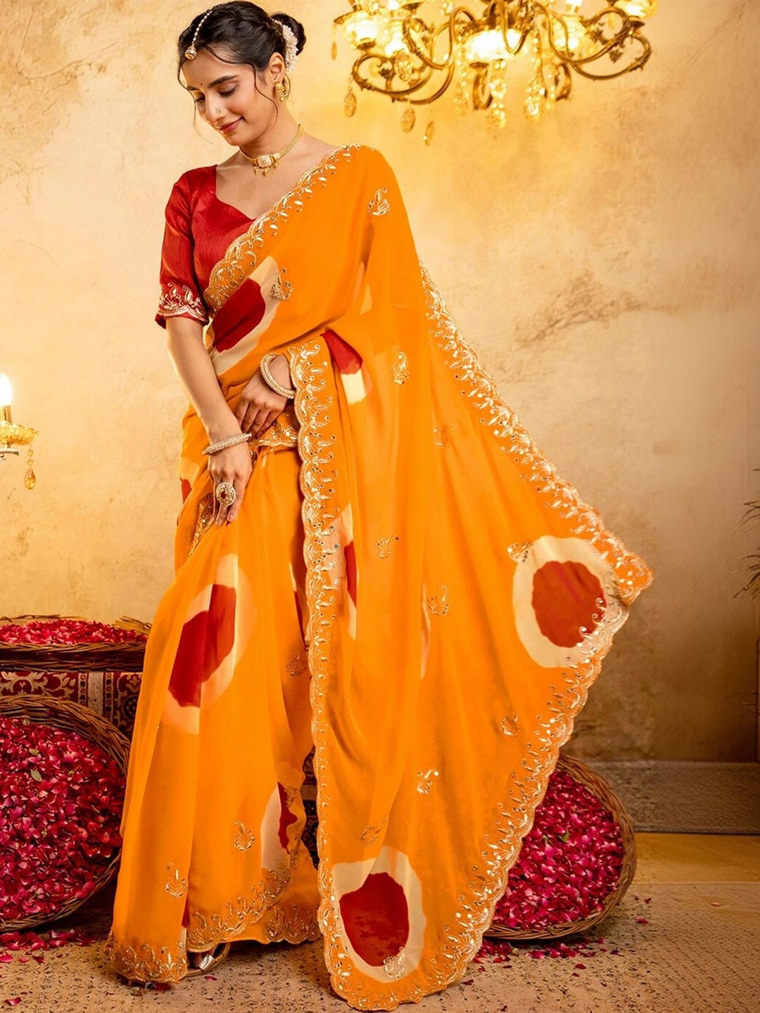 Orange Bandhani Georgette Saree with Embroidered Border