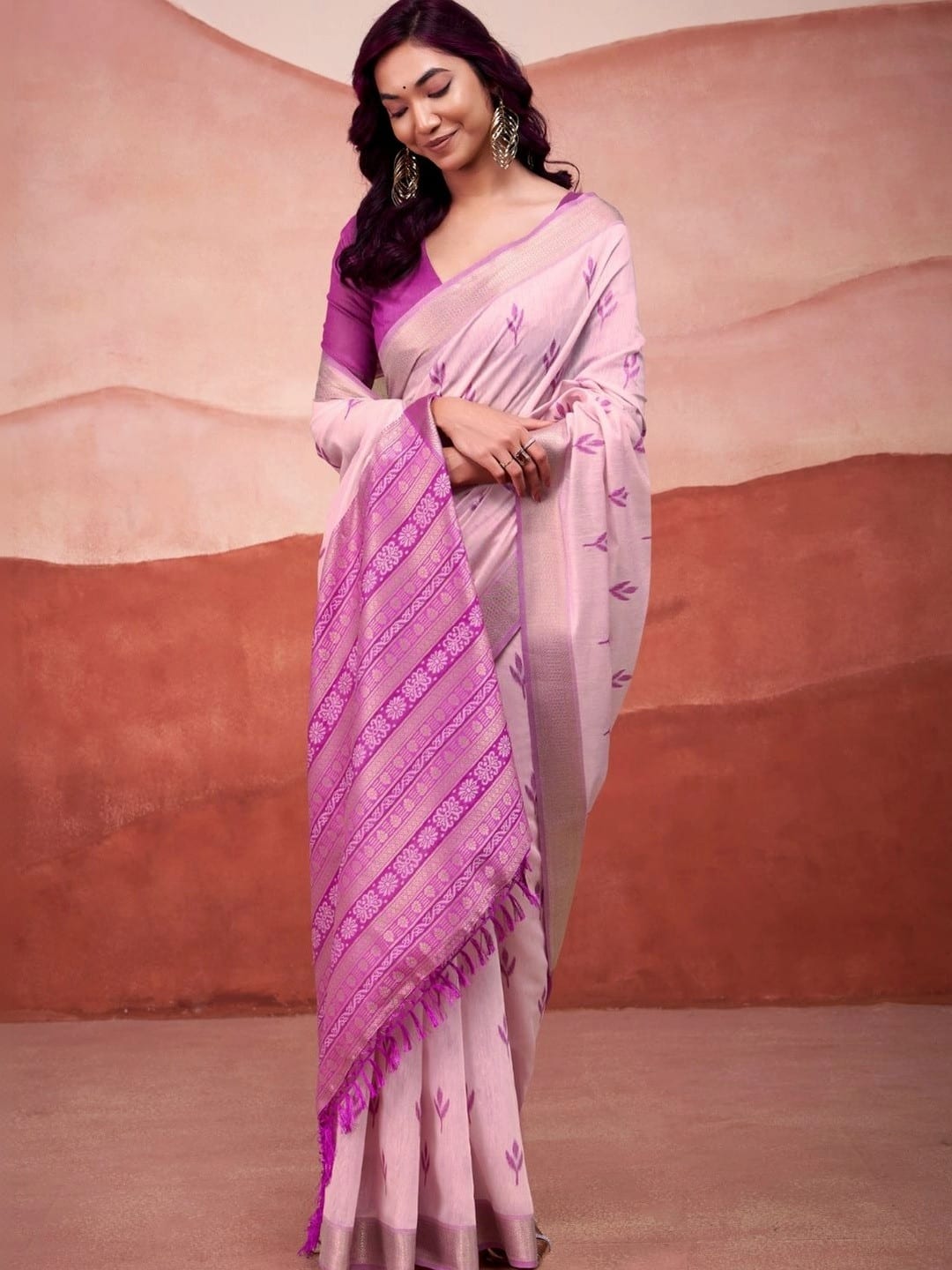 Pink Bhagalpuri Woven Printed Saree with Zari Details