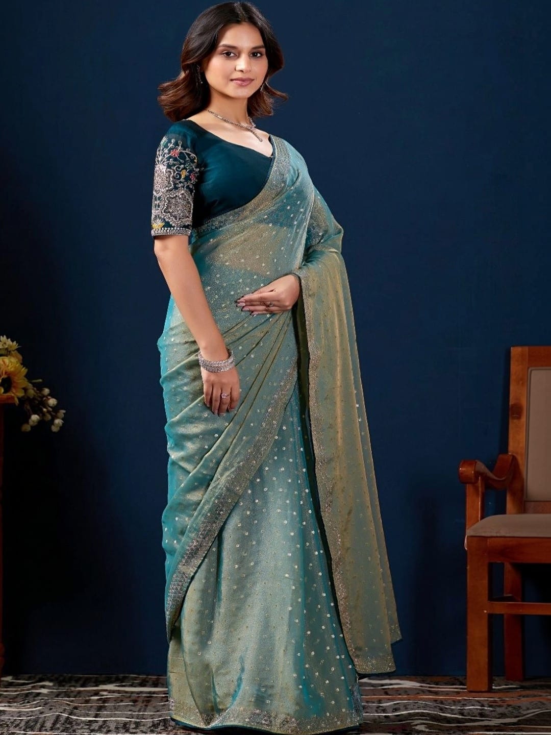 Teal Narayan Peth Embellished Saree with Embroidered Border