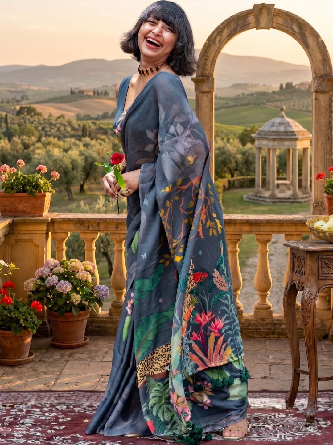 Blue & Multicoloured Floral Print Saree with Zari & Printed Border