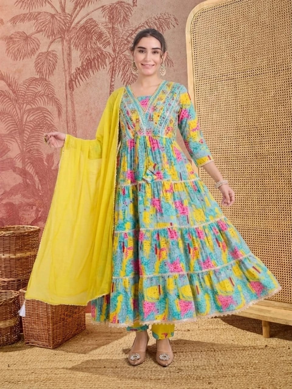 Yellow Multicolor Printed Cotton Mirror Work Anarkali Set