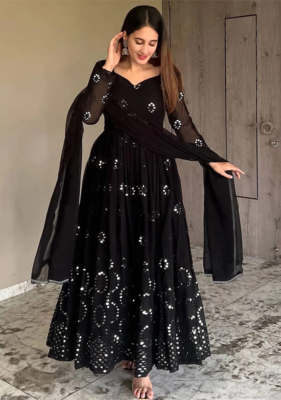 Multicolor Embroidered Georgette Anarkali Gown Dupatta Set