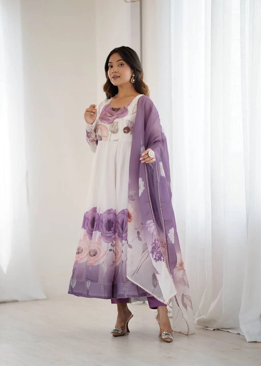 Purple Embroidered Organza Anarkali Kurta Pant Set