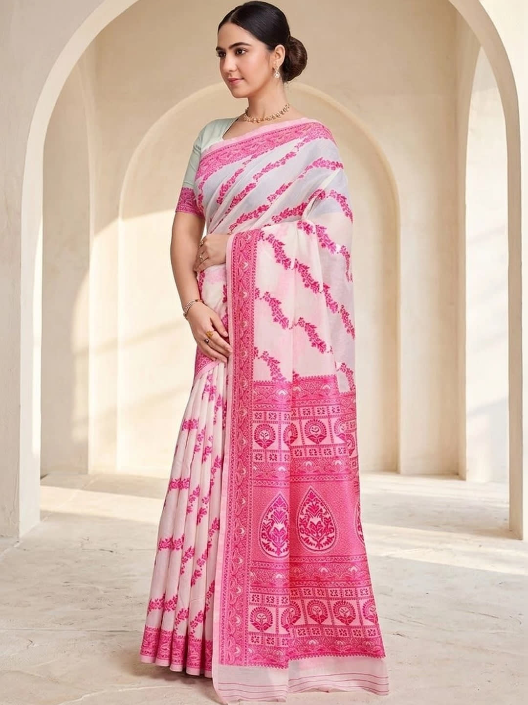 Pink & White Bhagalpuri Bagh Woven Saree with Solid Border