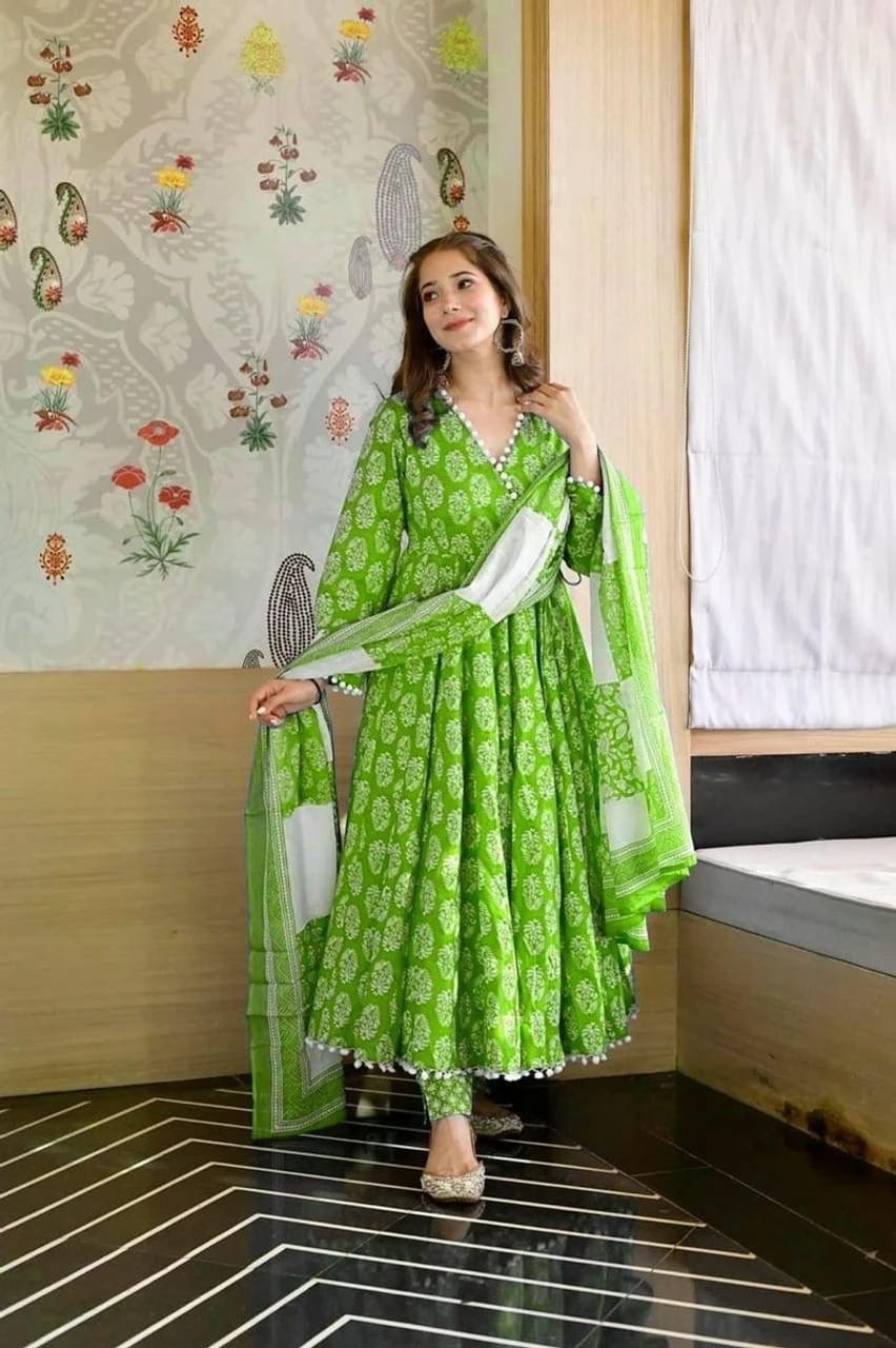 Green Floral Printed Rayon A-line Kurta Pant Set