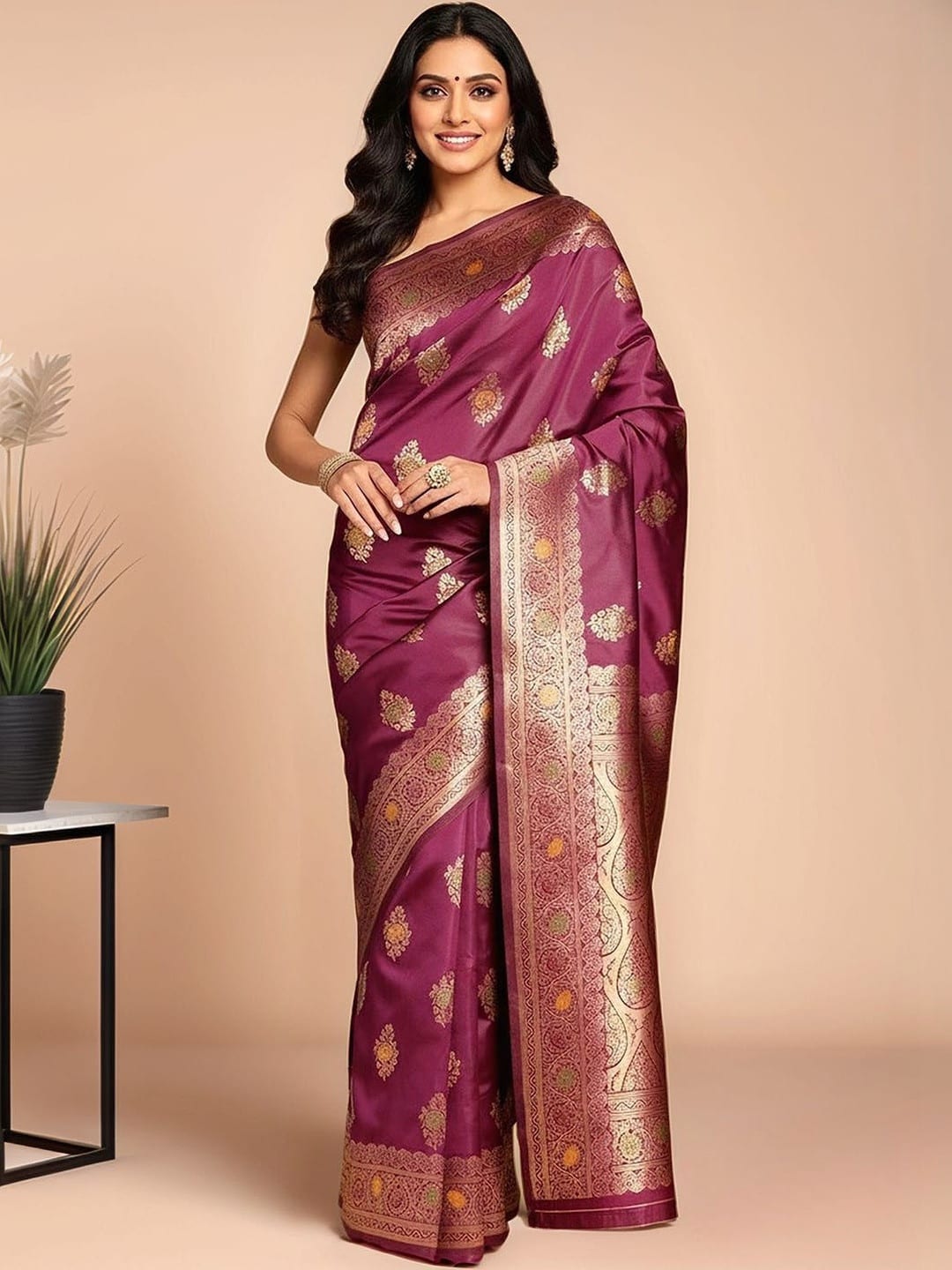 Purple and yellow banarasi Ethnic motifs woven design saree with zari border