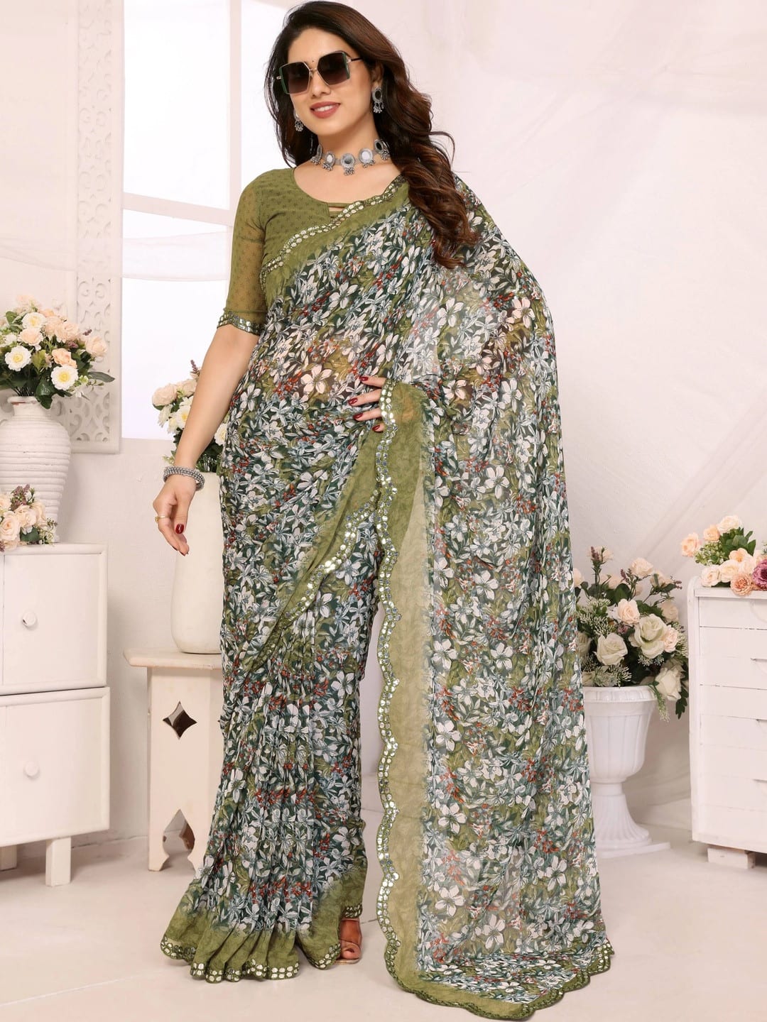 Olive Green Floral Print Saree with Mirror Work Embellished Border