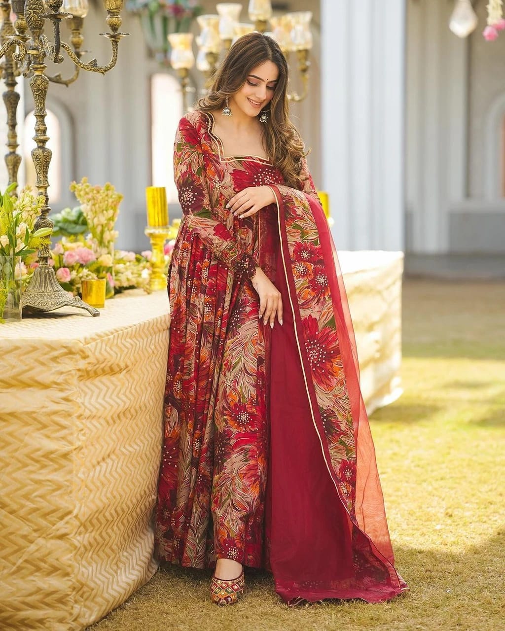 Multicolor Floral Printed Rayon Long Anarkali Kurti Dupatta Set