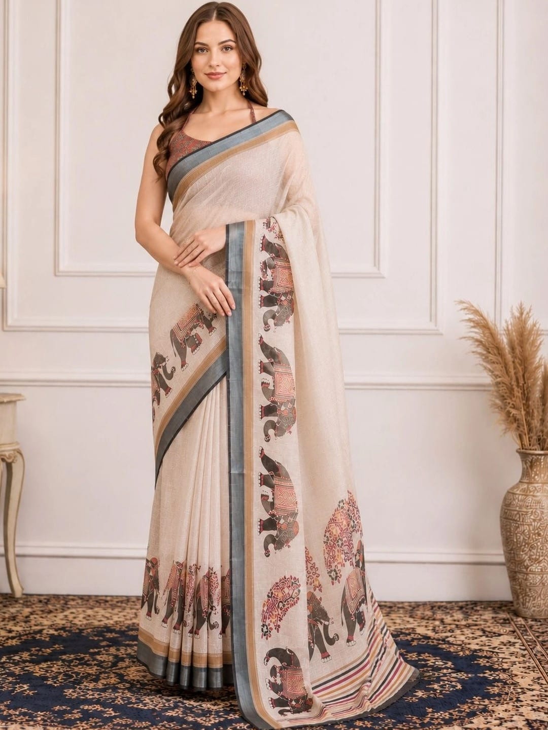 Off White Linen Cotton Block Print Saree with Zari Border