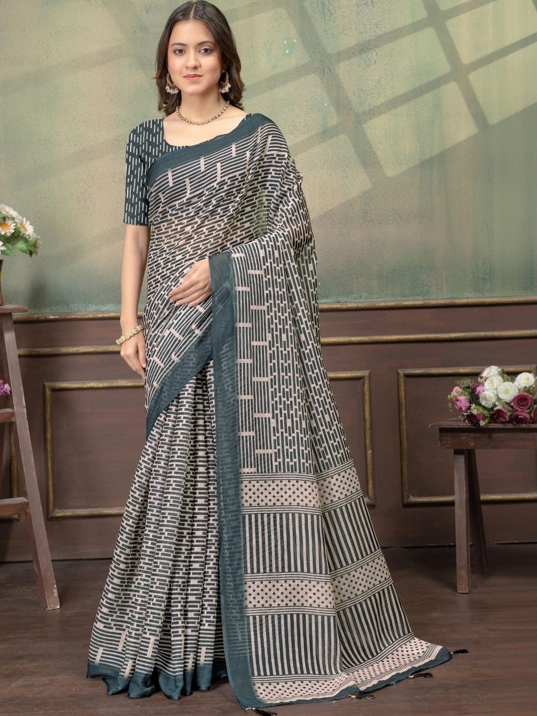 Grey and Beige Geometric Printed saree with Solid Border