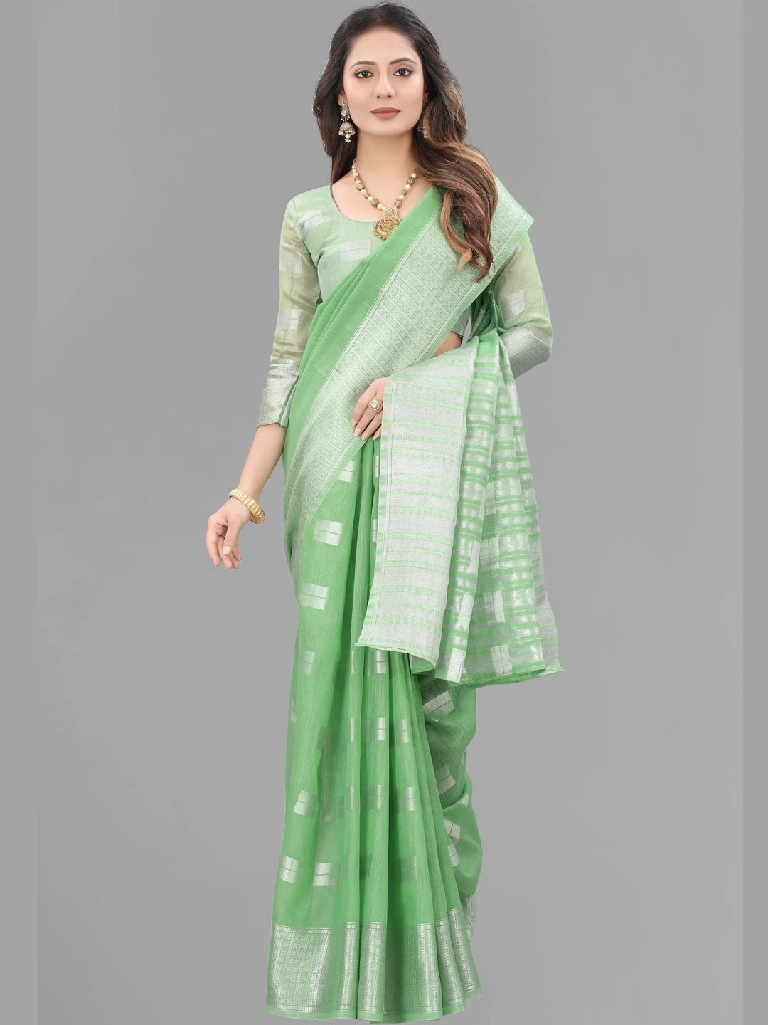 Lime Green Banarasi Floral Woven Saree with Woven Border