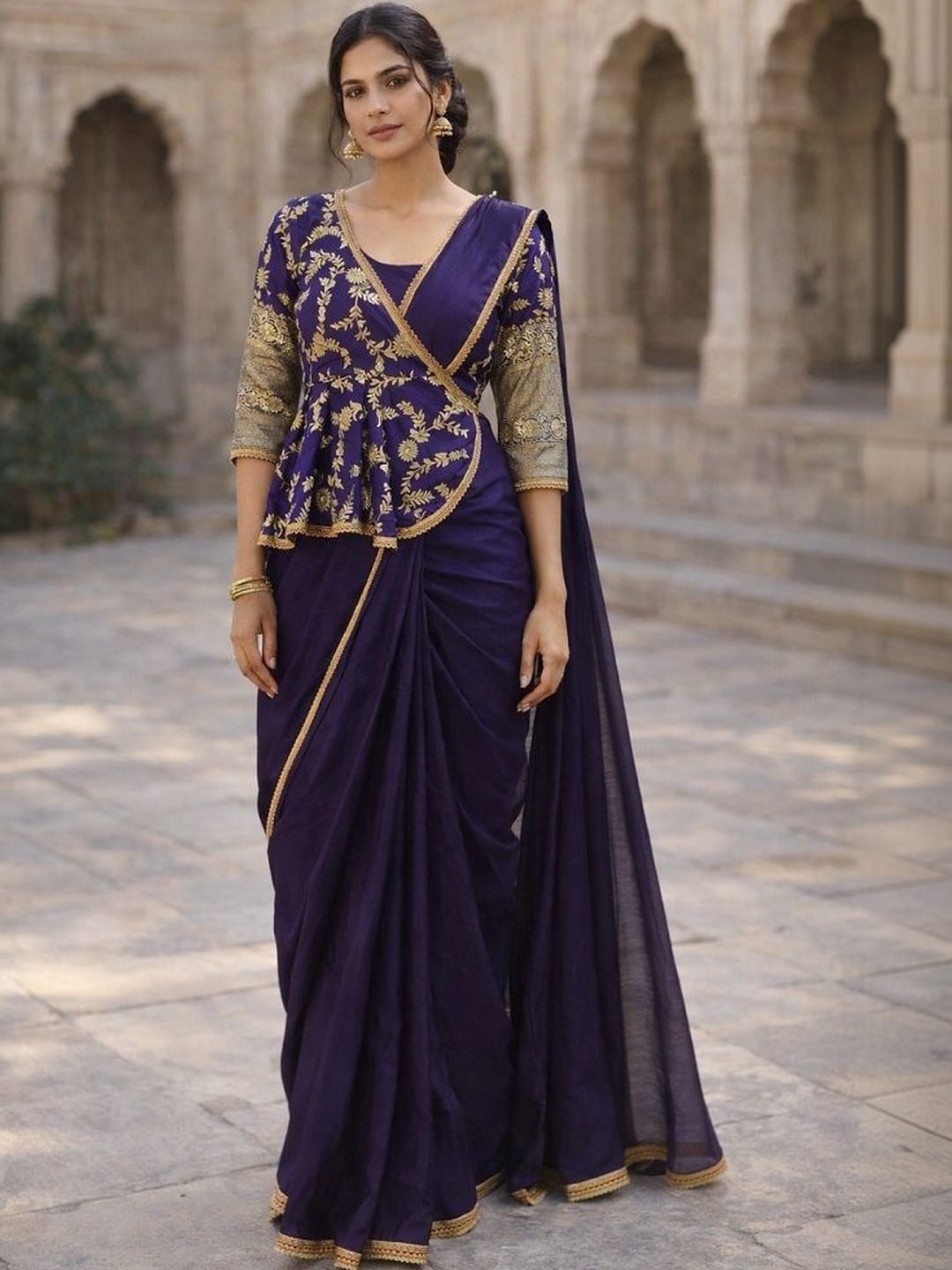 Purple and gold Solid saree with embellished border
