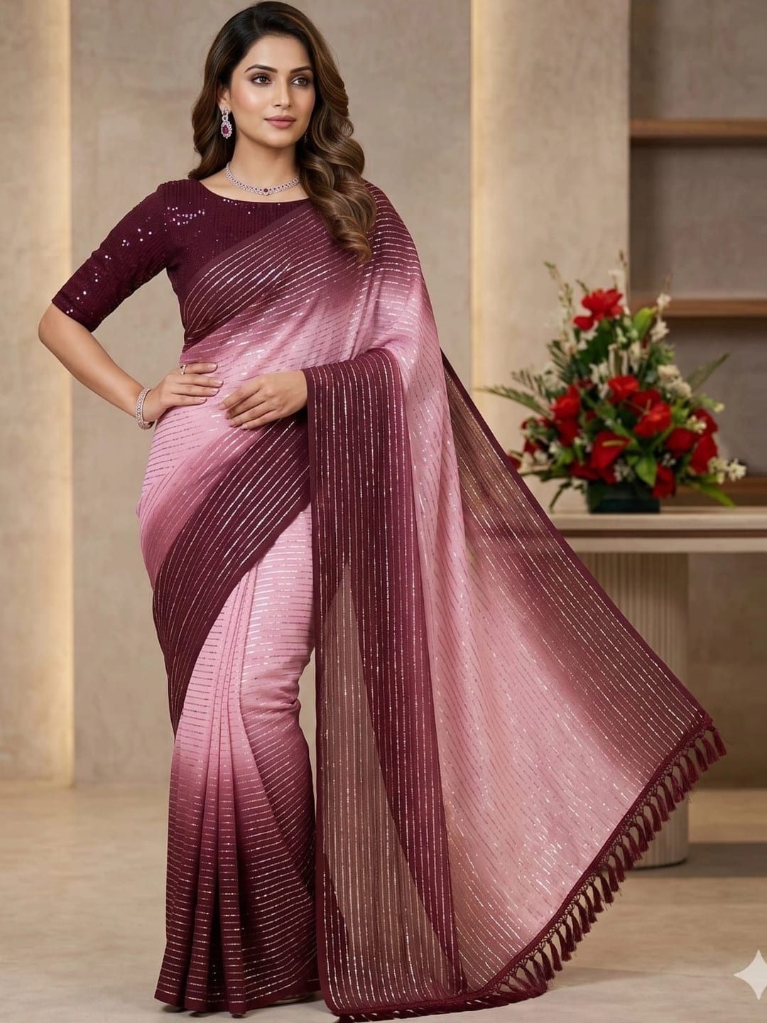 Pink Ombre Striped Art Silk Saree with Sequinned Details