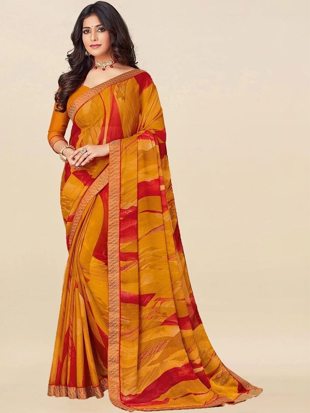 Mustard Abstract Print Saree with Woven Design Border