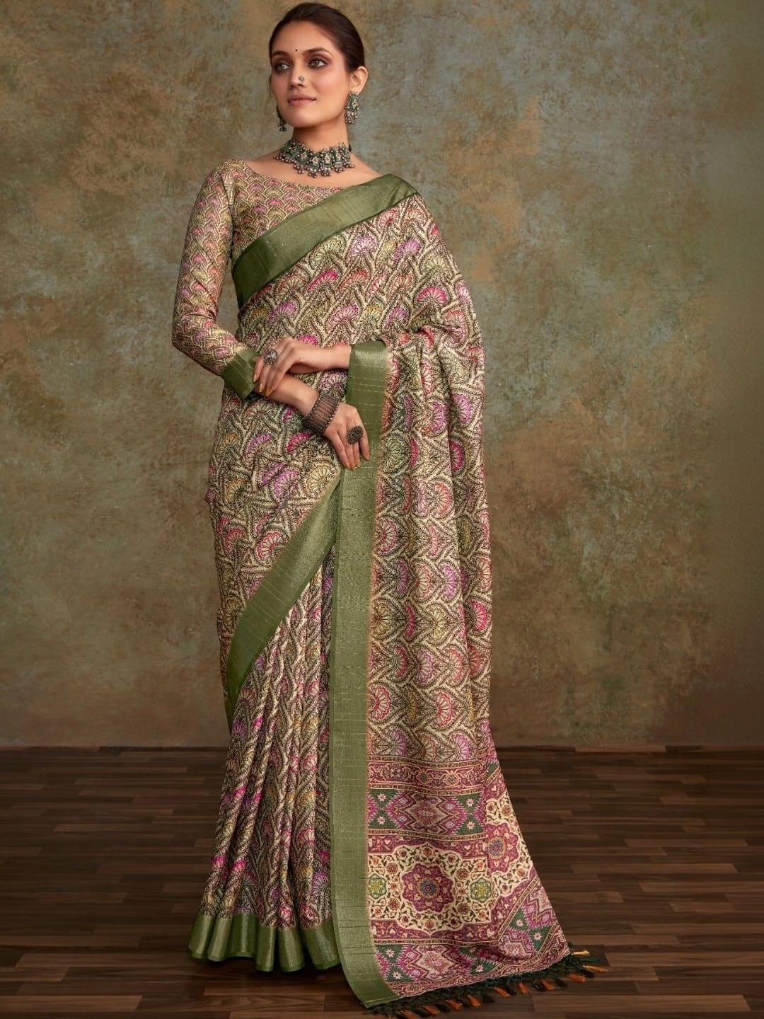 Off White Patola Saree with Paisley Print & Zari Woven Border | Includes Unstitched Blouse